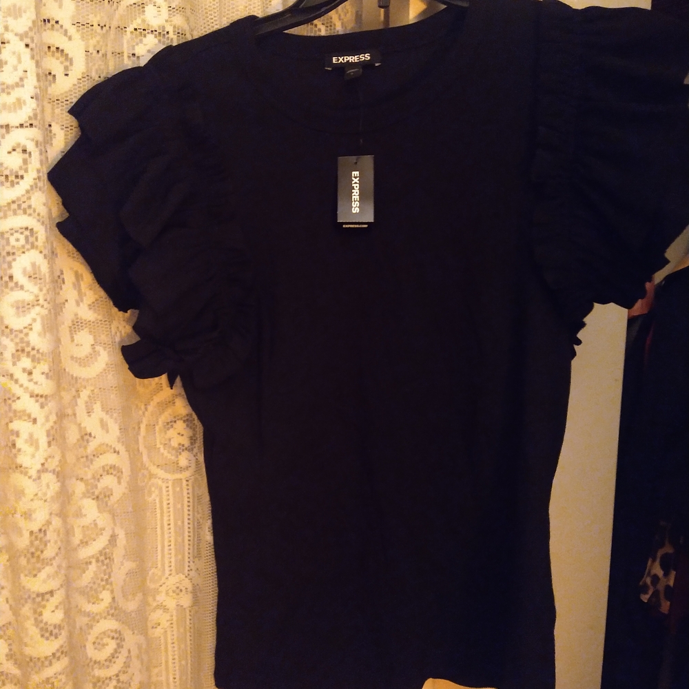 Express Black Flutter Sleeve Ruffled Blouse